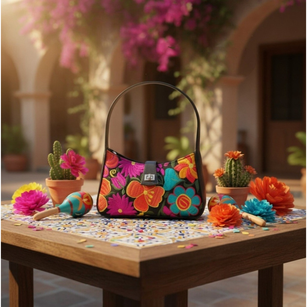 Floral Embroided Embossed Tooled Artisan LEATHER Handbag Bag Purse - Black